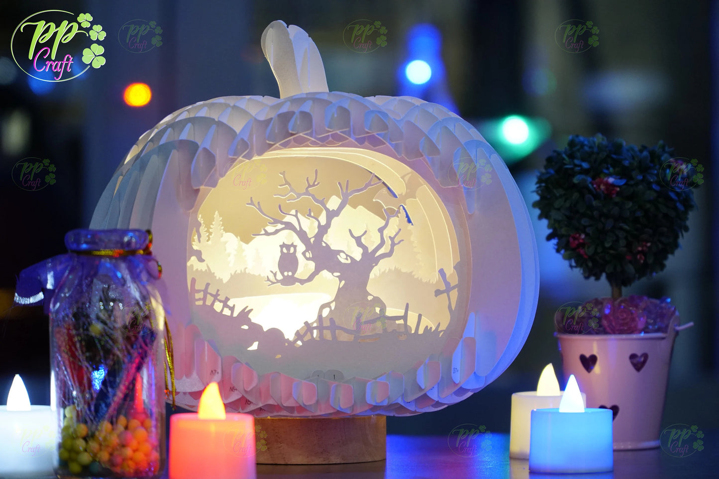 The Owl on the tree branch Pumpkin Light shadow pop up 3D, Cameo, Cricut and Laser cut machine, Halloween night light gift