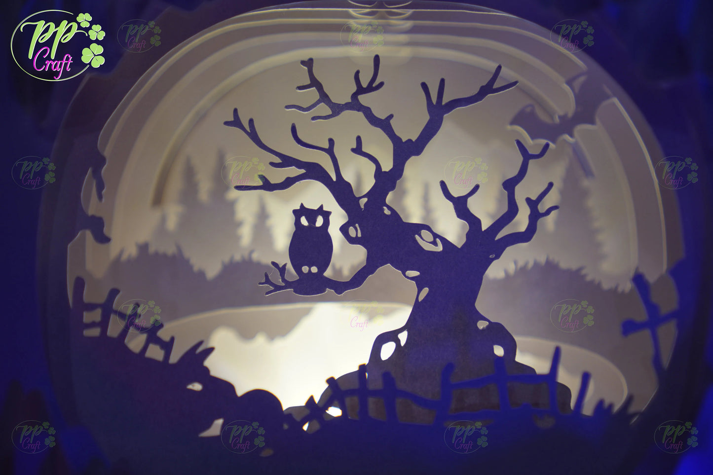 The Owl on the tree branch Pumpkin Light shadow pop up 3D, Cameo, Cricut and Laser cut machine, Halloween night light gift