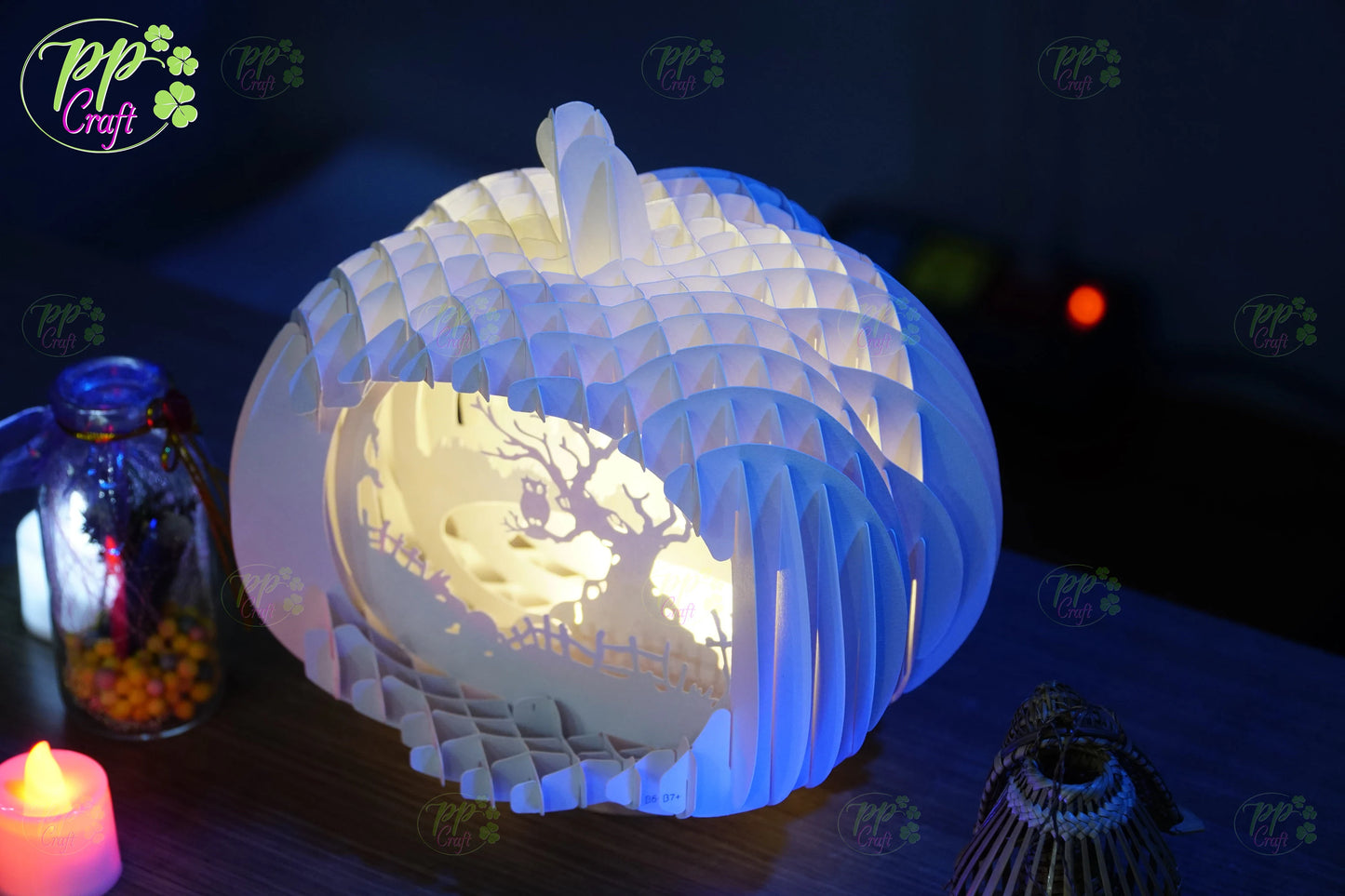 The Owl on the tree branch Pumpkin Light shadow pop up 3D, Cameo, Cricut and Laser cut machine, Halloween night light gift