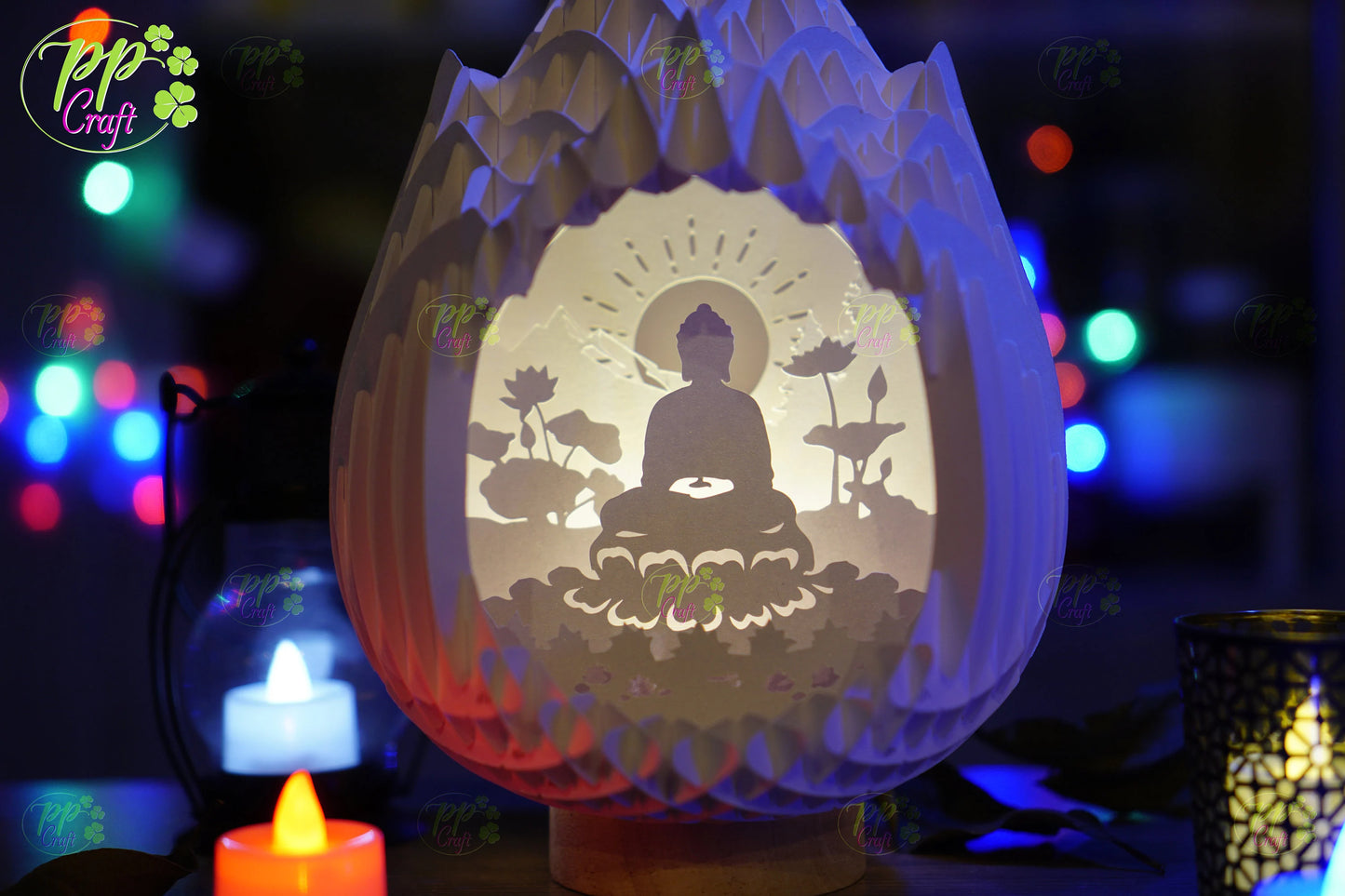 The Buddha meditating in Lotus Pop Up Light Box SVG Template, Egg SVG for Cricut Machine, arts gift Template - Egg Lightbox, DIY Paper