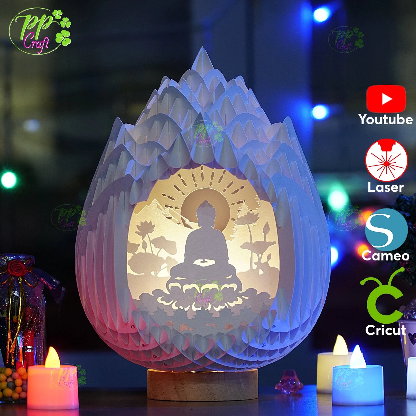 The Buddha meditating in Lotus Pop Up Light Box SVG Template, Egg SVG for Cricut Machine, arts gift Template - Egg Lightbox, DIY Paper