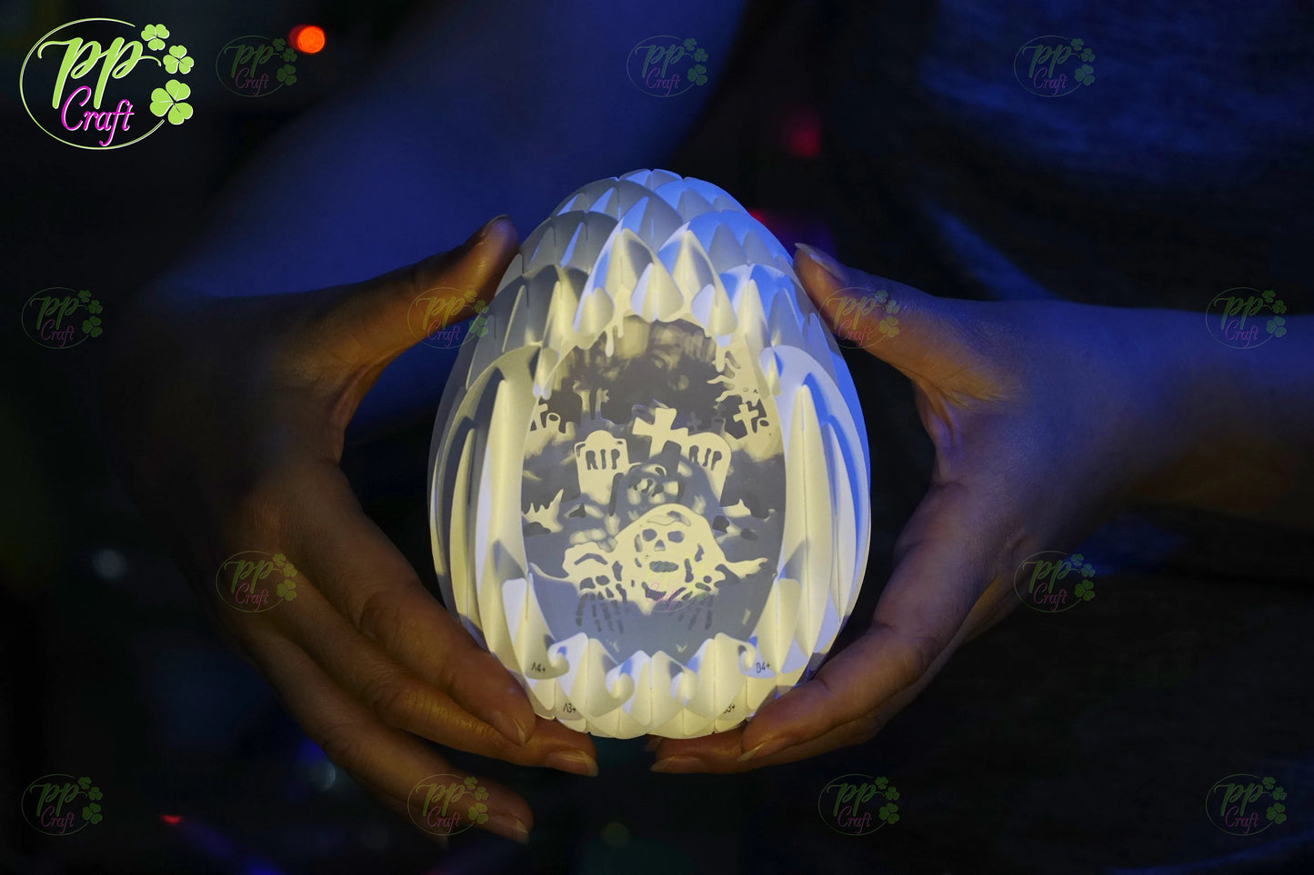 Mini Egg Shadow light Pop Up with Cemetery partten SVG for Cricut Machine, Halloween gift Template - Egg Lightbox, DIY Paper Lanterns