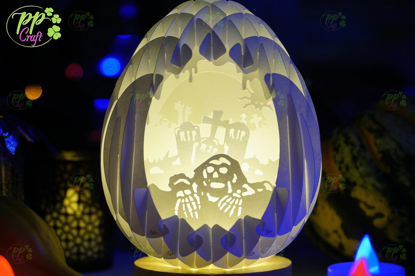 Mini Egg Shadow light Pop Up with Cemetery partten SVG for Cricut Machine, Halloween gift Template - Egg Lightbox, DIY Paper Lanterns