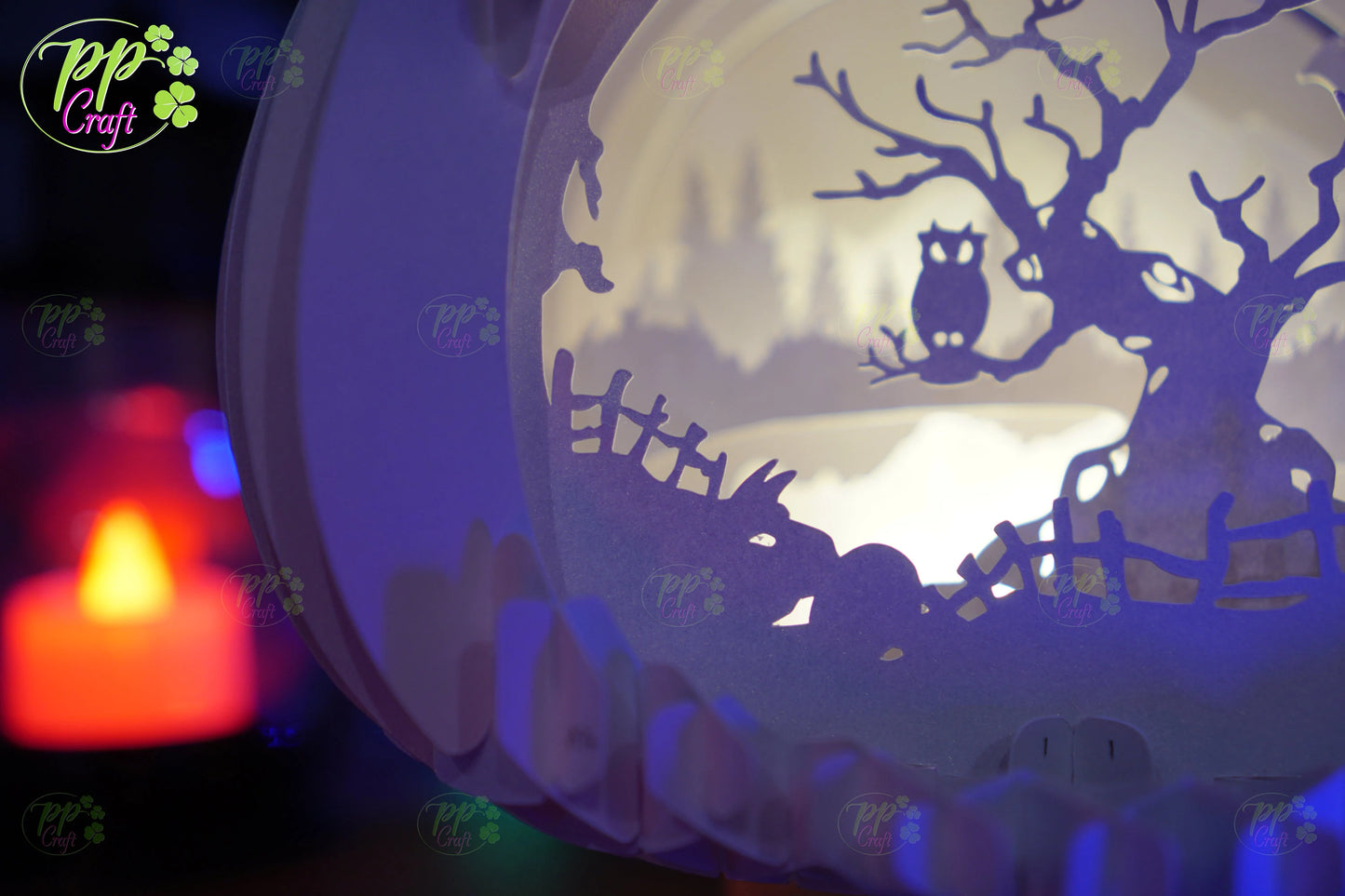 The Owl on the tree branch Pumpkin Light shadow pop up 3D, Cameo, Cricut and Laser cut machine, Halloween night light gift