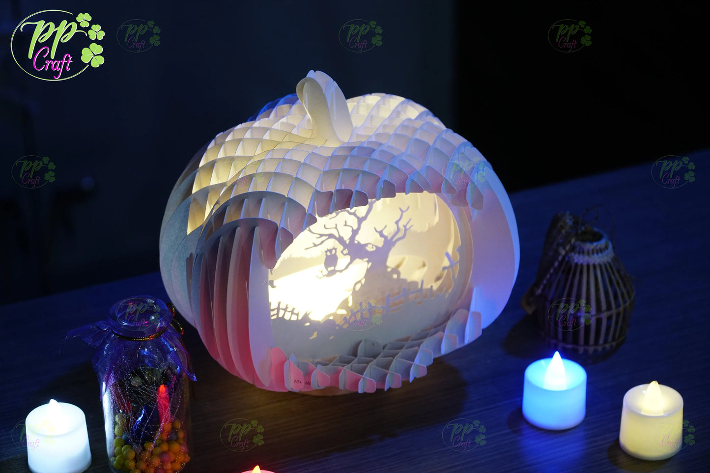 The Owl on the tree branch Pumpkin Light shadow pop up 3D, Cameo, Cricut and Laser cut machine, Halloween night light gift