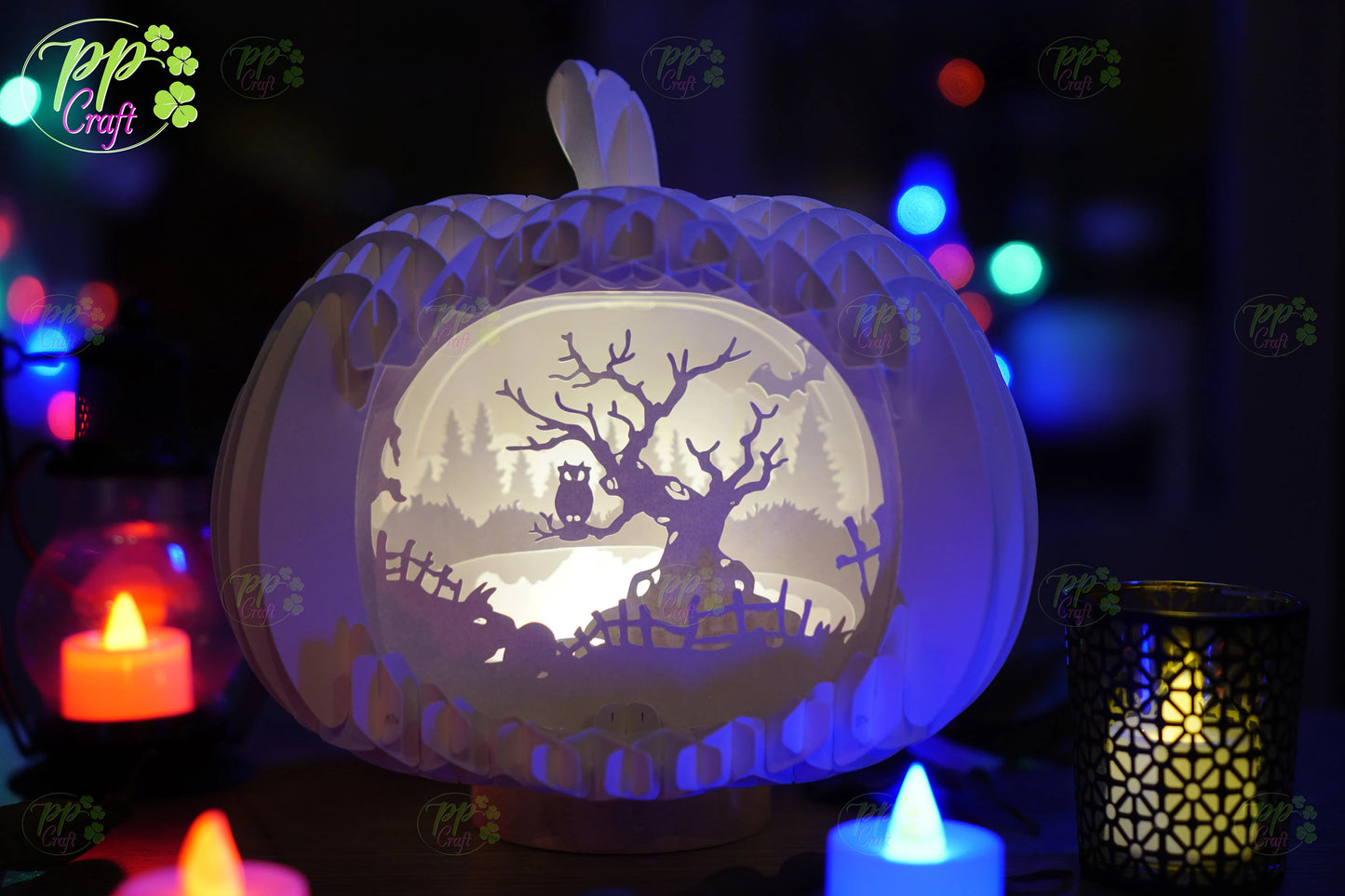 The Owl on the tree branch Pumpkin Light shadow pop up 3D, Cameo, Cricut and Laser cut machine, Halloween night light gift
