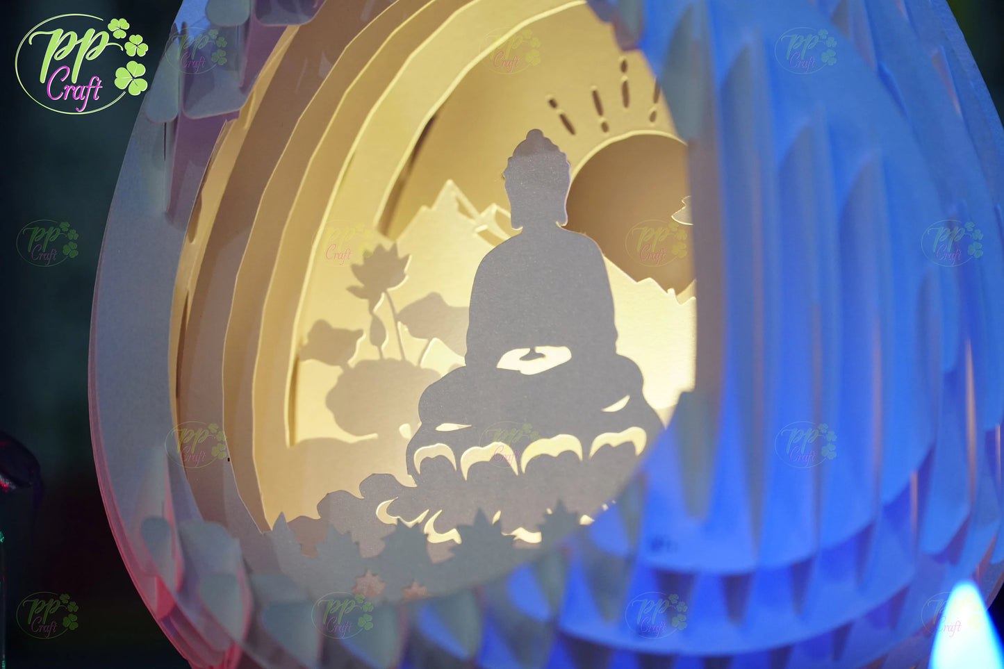 The Buddha meditating in Lotus Pop Up Light Box SVG Template, Egg SVG for Cricut Machine, arts gift Template - Egg Lightbox, DIY Paper