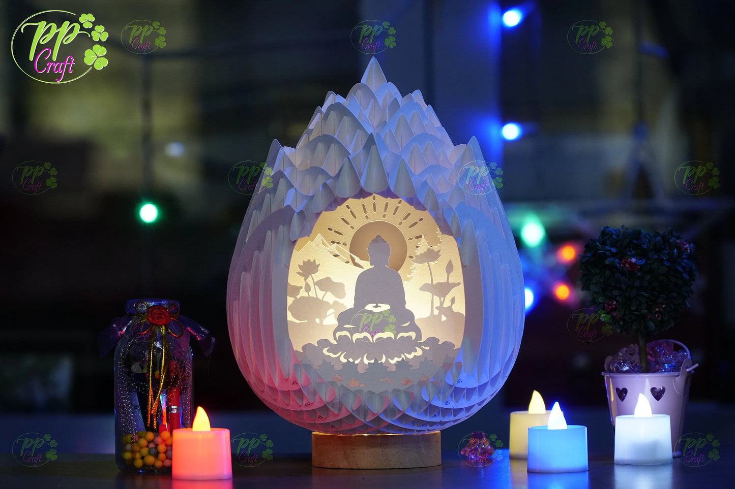 The Buddha meditating in Lotus Pop Up Light Box SVG Template, Egg SVG for Cricut Machine, arts gift Template - Egg Lightbox, DIY Paper