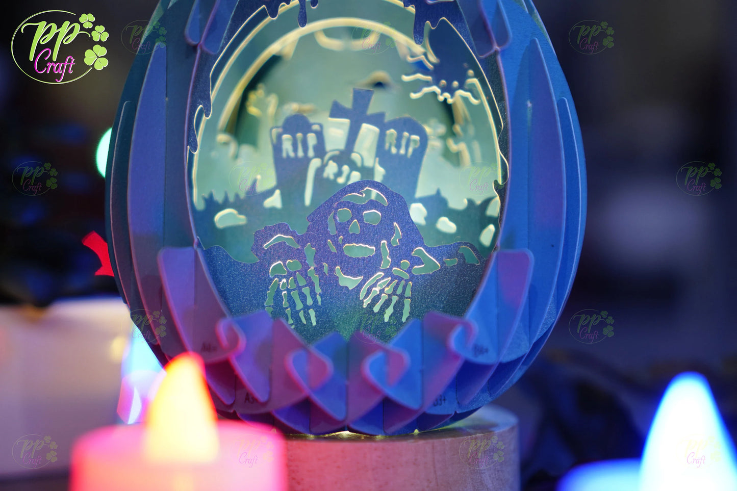 Mini Egg Shadow light Pop Up with Cemetery partten SVG for Cricut Machine, Halloween gift Template - Egg Lightbox, DIY Paper Lanterns