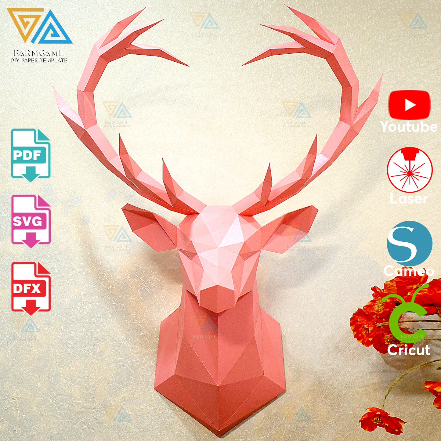 Deer Head Paper Model Template Hangging | Deer Head Paper Sculpture | Deer Head  Papercraft Kit DIY 3D, SVG for Cricut and Silhouette