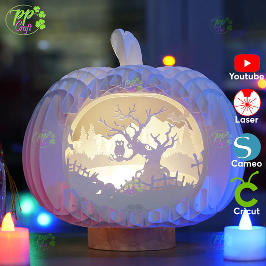 The Owl on the tree branch Pumpkin Light shadow pop up 3D, Cameo, Cricut and Laser cut machine, Halloween night light gift