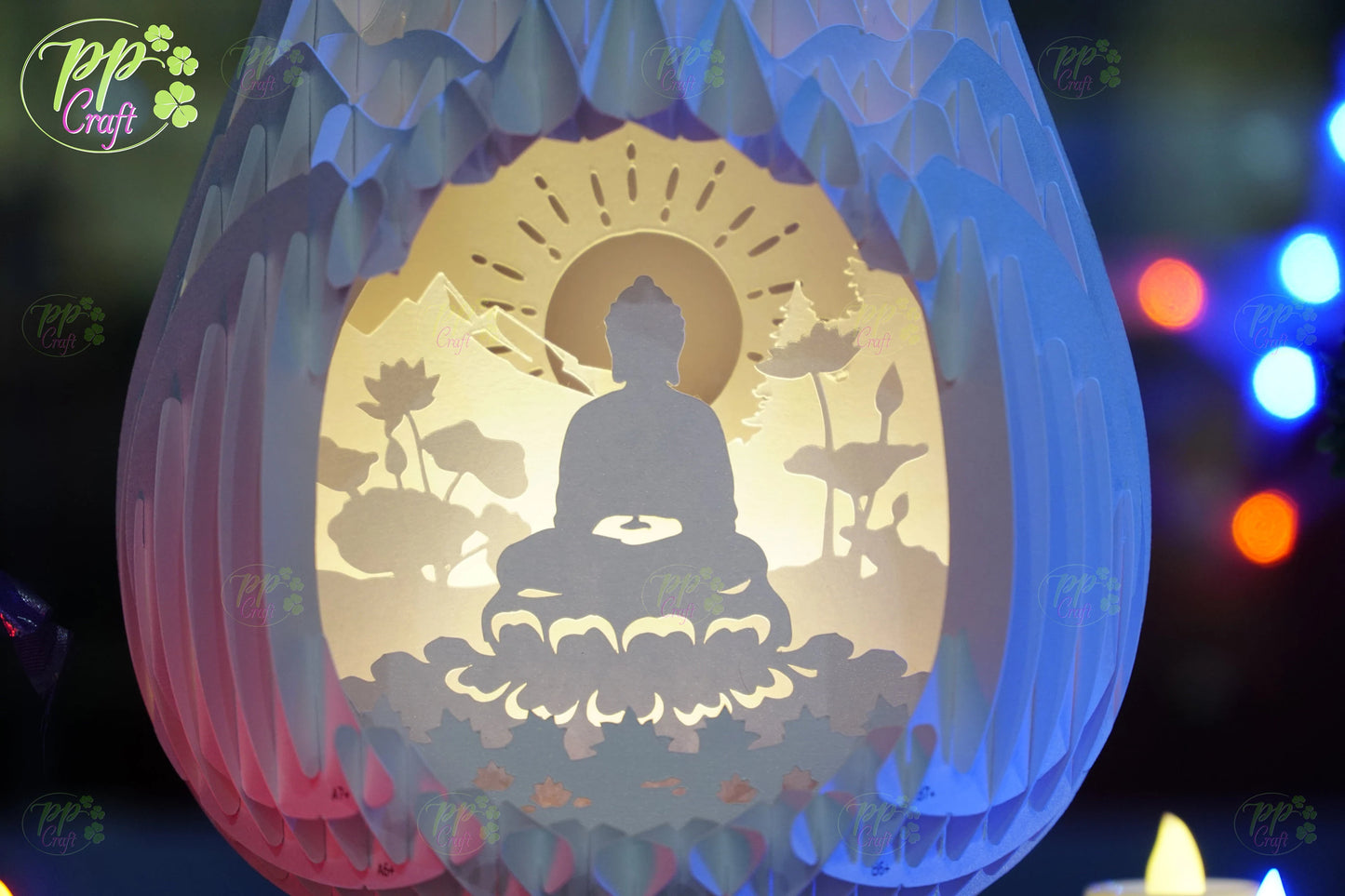 The Buddha meditating in Lotus Pop Up Light Box SVG Template, Egg SVG for Cricut Machine, arts gift Template - Egg Lightbox, DIY Paper