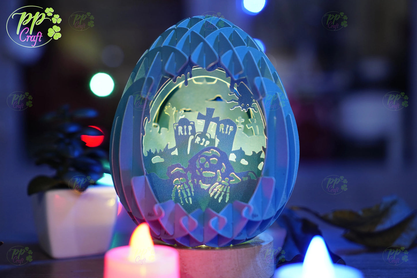 Mini Egg Shadow light Pop Up with Cemetery partten SVG for Cricut Machine, Halloween gift Template - Egg Lightbox, DIY Paper Lanterns