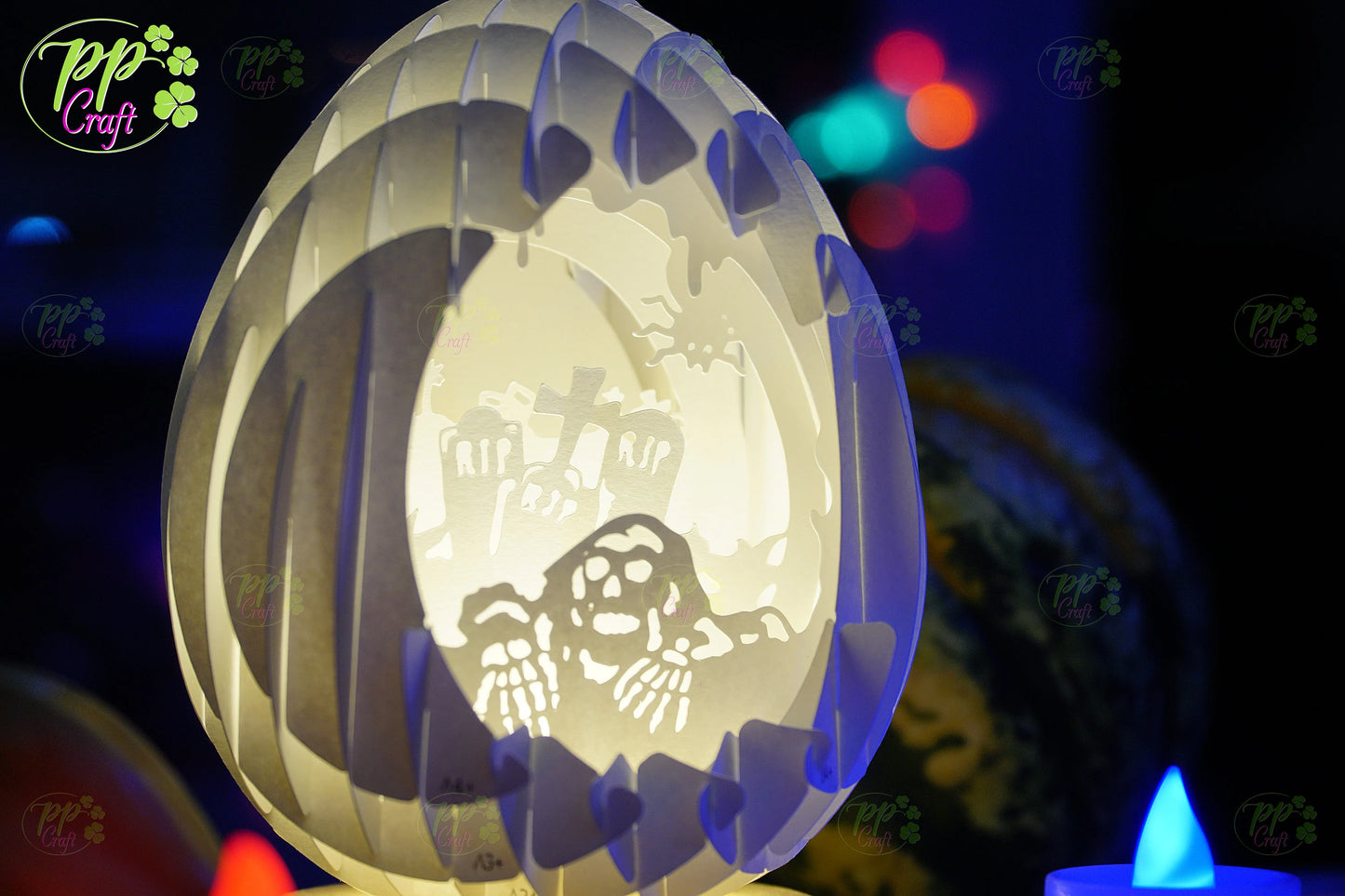 Mini Egg Shadow light Pop Up with Cemetery partten SVG for Cricut Machine, Halloween gift Template - Egg Lightbox, DIY Paper Lanterns