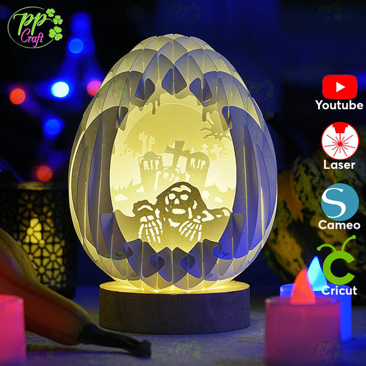 Mini Egg Shadow light Pop Up with Cemetery partten SVG for Cricut Machine, Halloween gift Template - Egg Lightbox, DIY Paper Lanterns