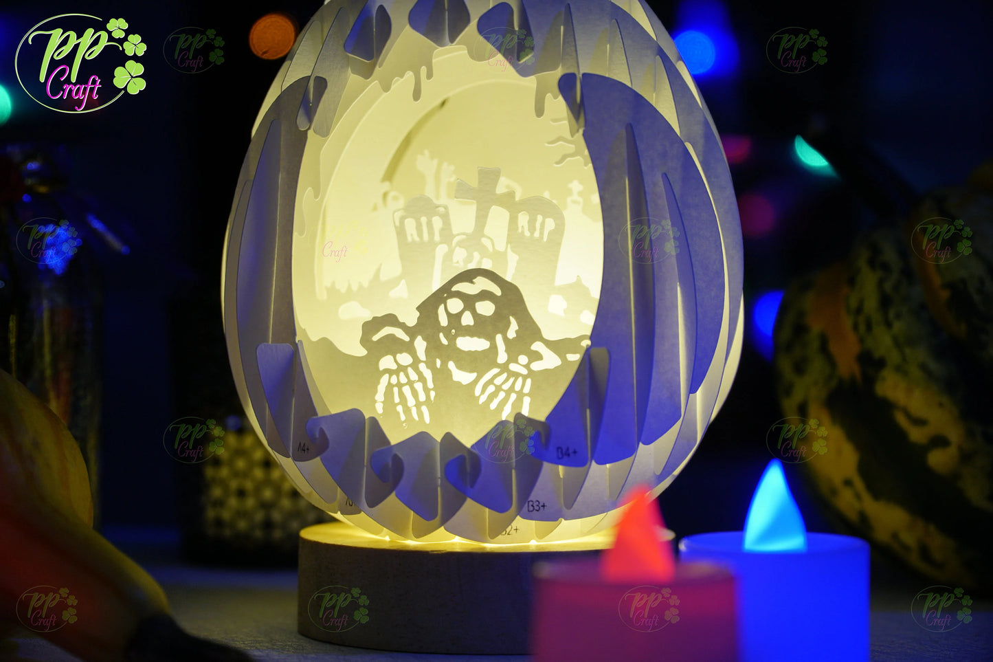 Mini Egg Shadow light Pop Up with Cemetery partten SVG for Cricut Machine, Halloween gift Template - Egg Lightbox, DIY Paper Lanterns